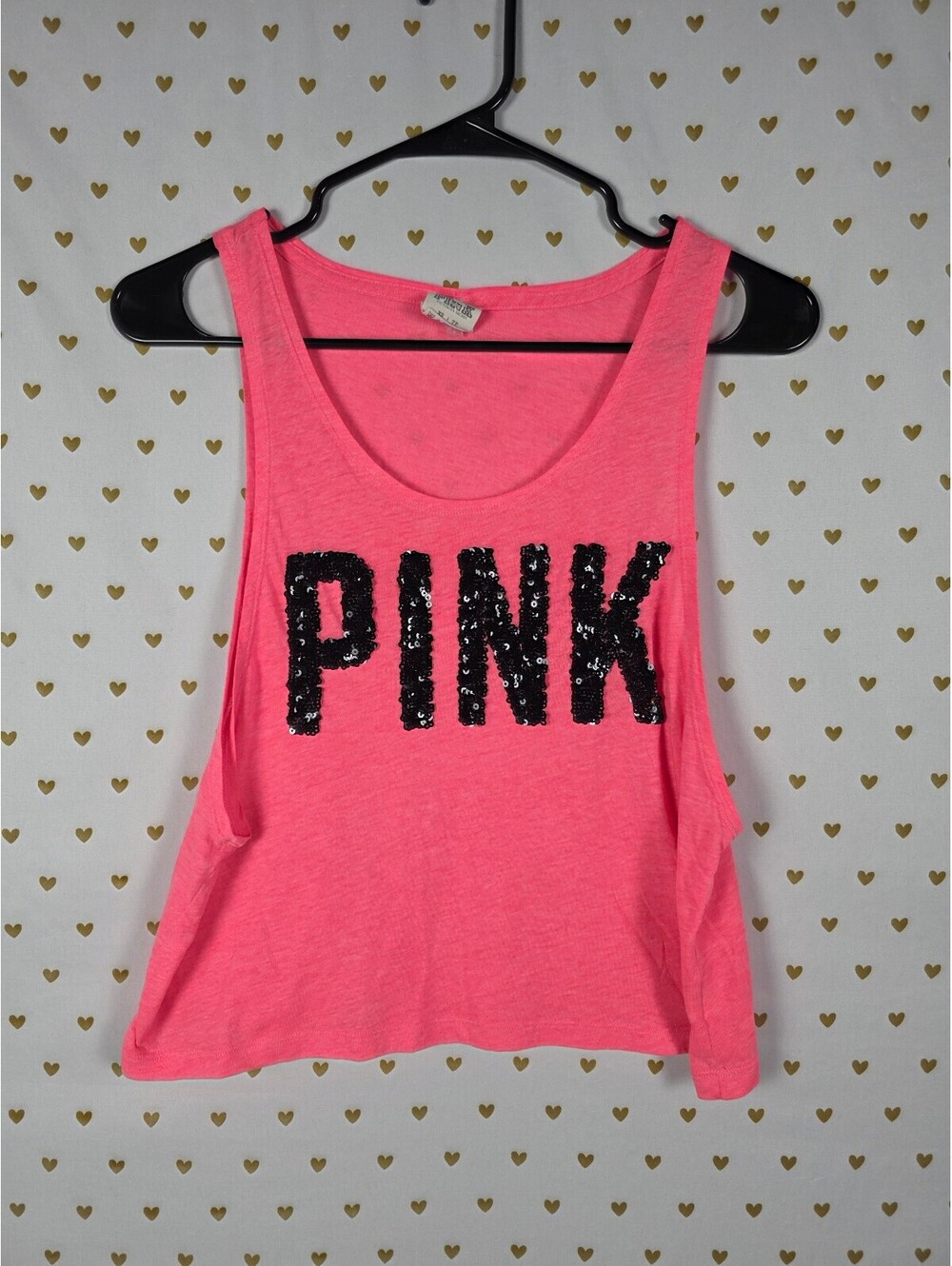 Victorias Secret PINK BLING Black sequin Neon Tank Top Muscle Tee xs